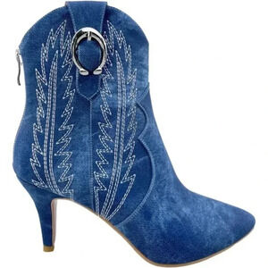 Western Cowboy Boots Ankle High Stitching Blue Denim Almond